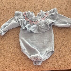 Nicole Miller Light Blue Knit Romper with Floral Embroidery